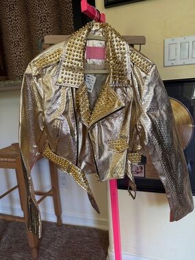 NWT Gold Studded cropped vegan leather motorcycle jacket! Size large